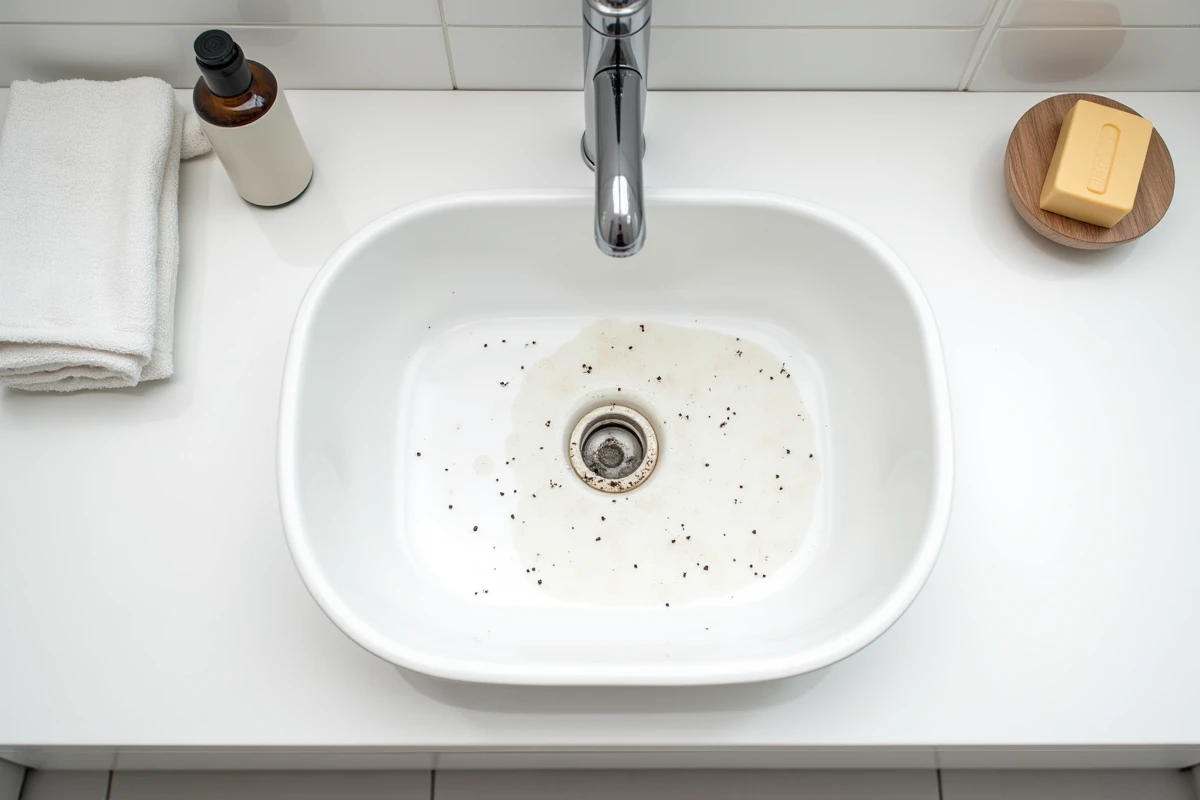 Lavabo de salle de bain propre avec traces d'infestation de mouches près de la bonde, vue de dessus