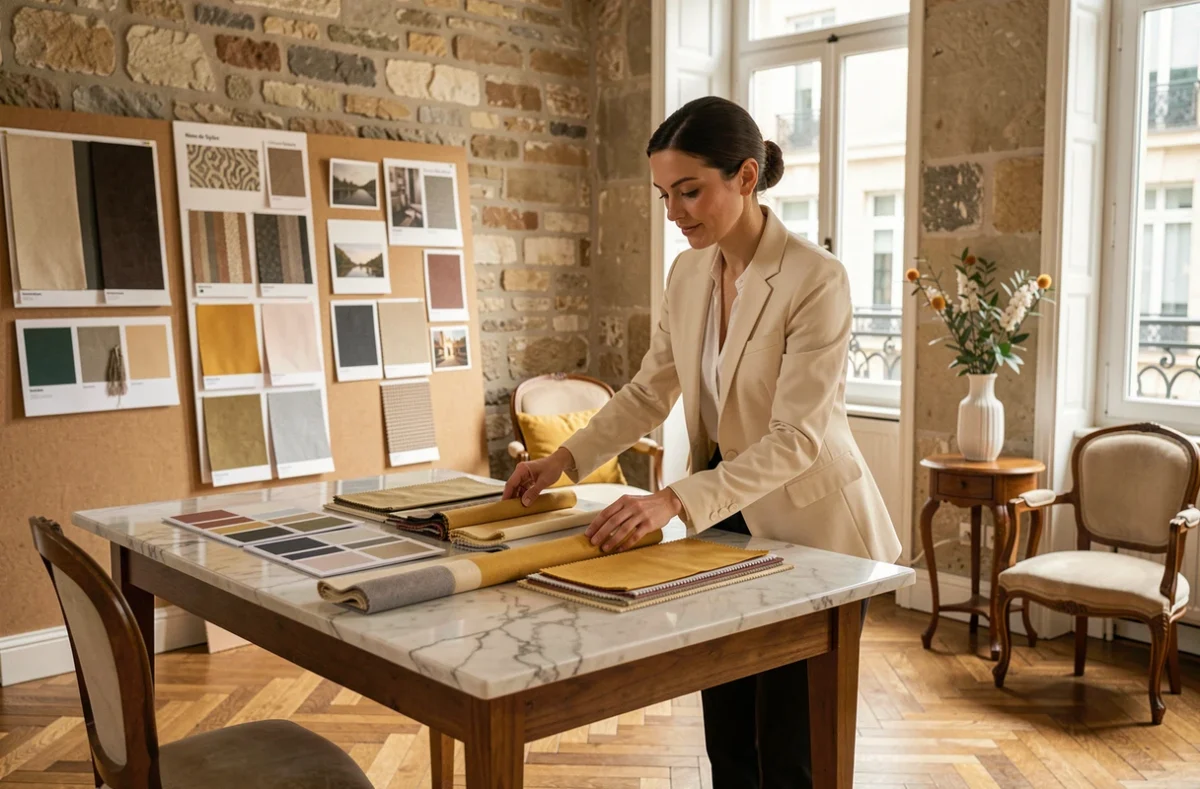 Jordane Grassot-Colonna de Notes de Styles Pau consultant des échantillons de tissus dans son studio de design d'intérieur