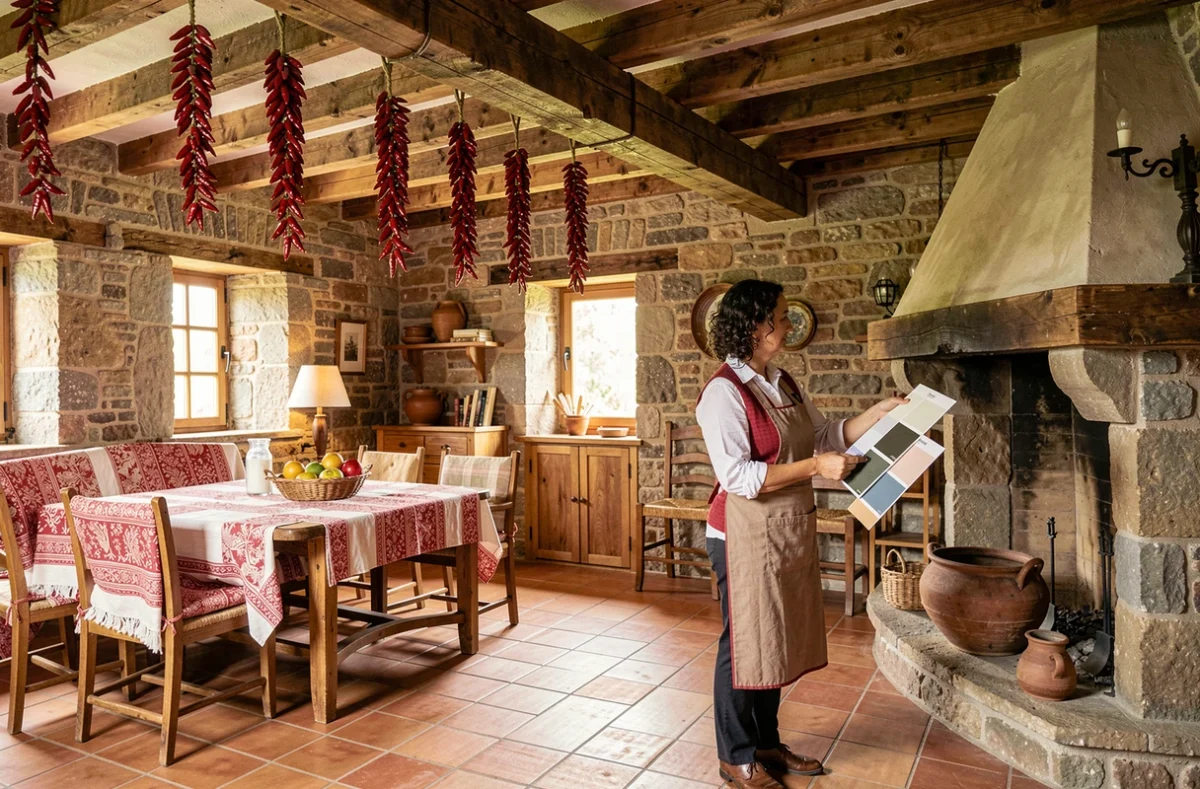 Architecte OCW Espelette présentant des échantillons de couleurs dans une ferme basque restaurée avec piments d'Espelette et tomettes