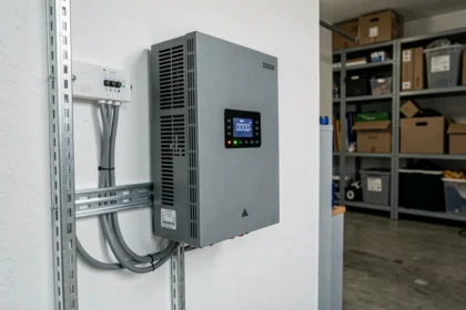Onduleur solaire 3000W installé sur un mur de garage avec câbles et tableau électrique