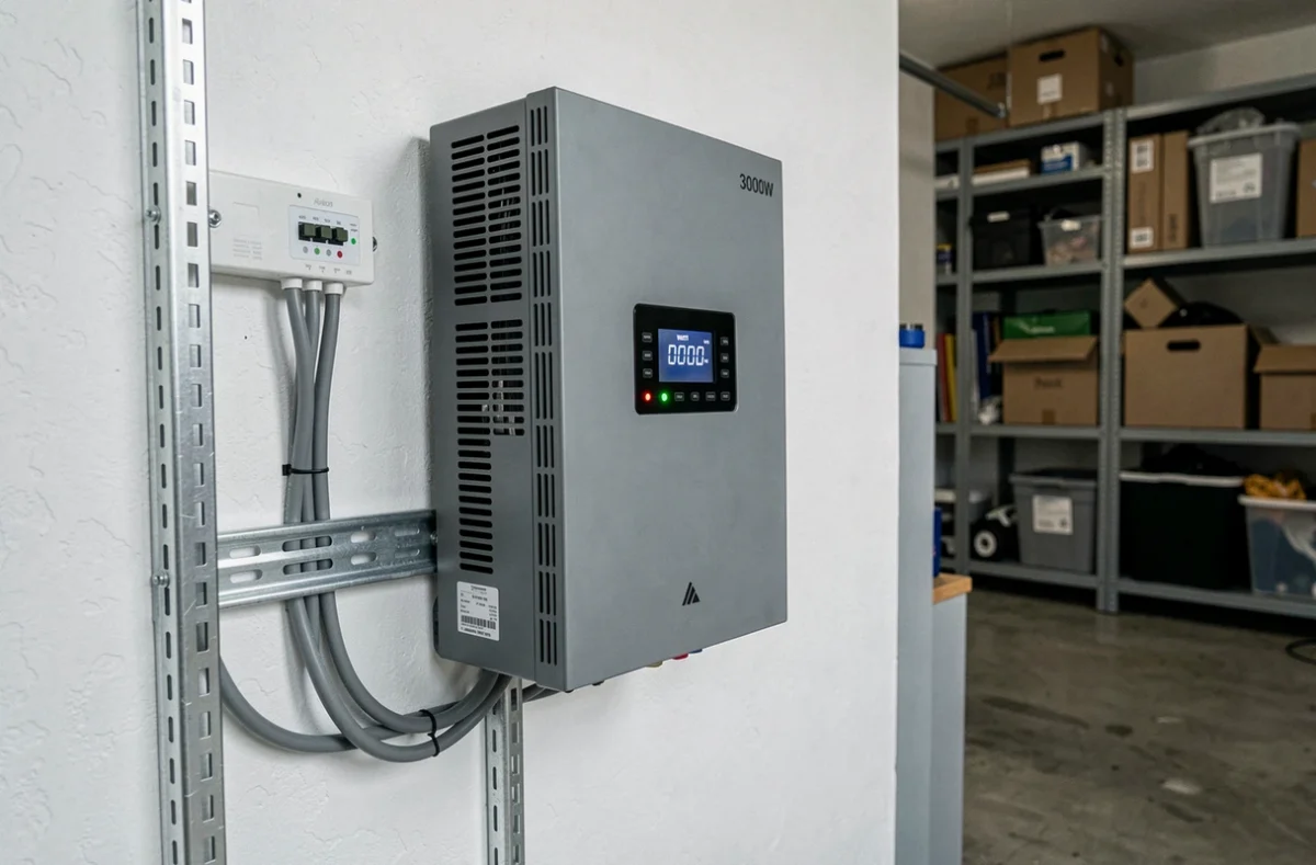Onduleur solaire 3000W installé sur un mur de garage avec câbles et tableau électrique