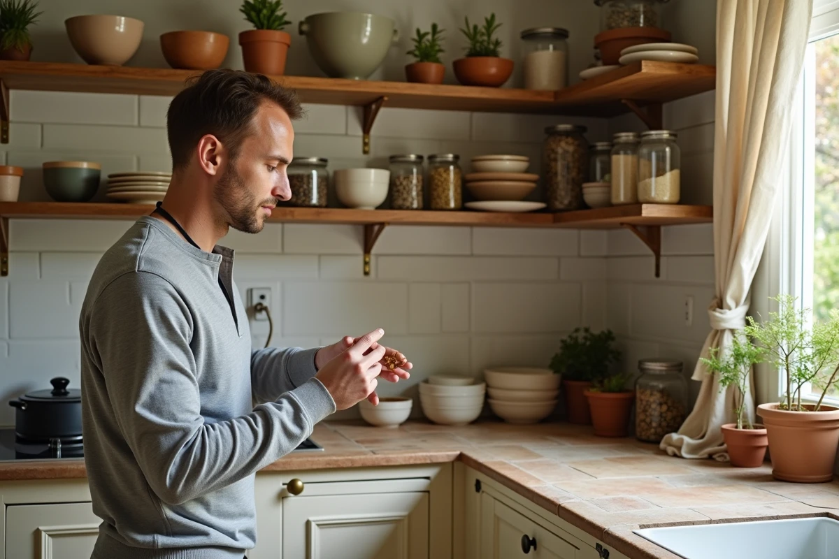 Homme organisant des étagères en bois dans une cuisine de style maison de campagne française avec céramiques et herbes aromatiques