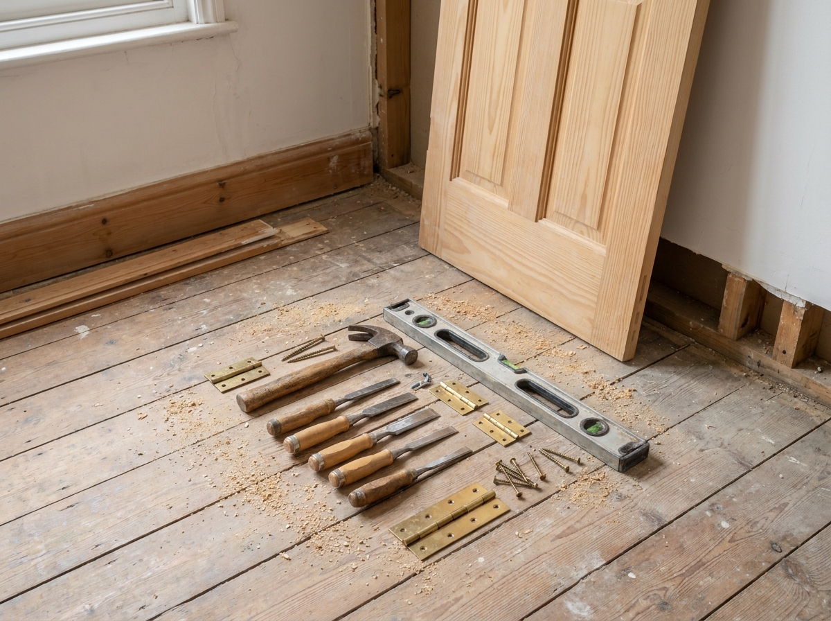 Outils de menuiserie et quincaillerie posés au sol pour l'installation d'une porte battante en bois