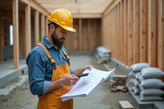 Ouvrier en casque jaune étudie plans sur chantier