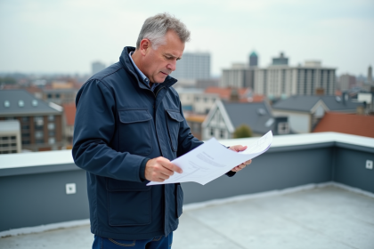 Ouvrier sur toit urbain examinant plans de construction