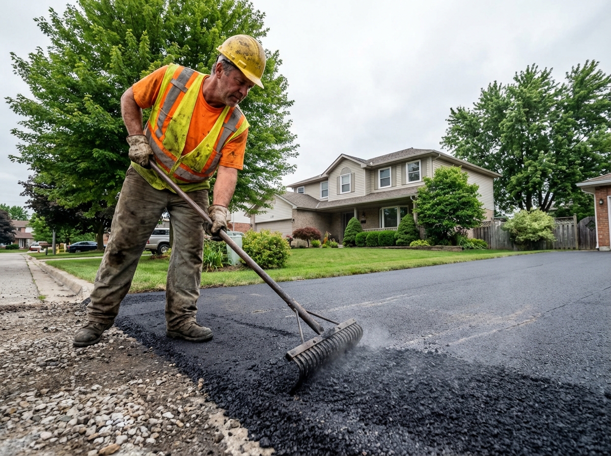 Ouvrier en haute visibilité étalant de l'asphalte frais