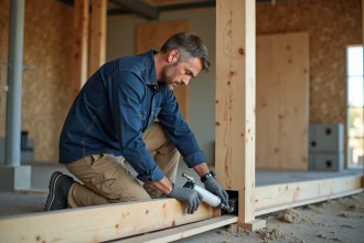 Ouvrier en train de fixer une ancre en acier dans une poutre en bois