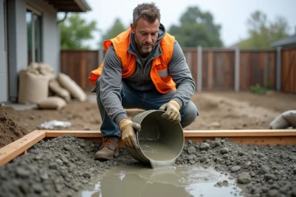 Ouvrier versant du béton frais dans des coffrages en bois sur un chantier de dalle extérieure