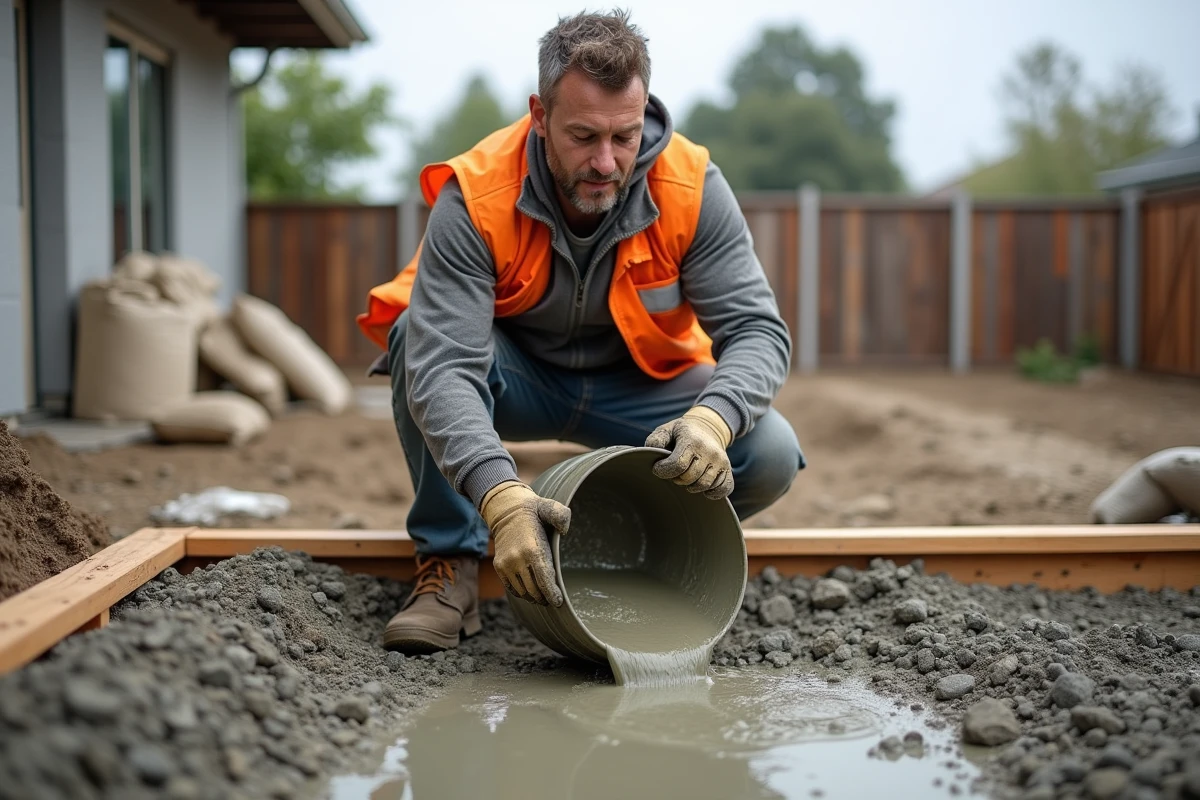Ouvrier versant du béton frais dans des coffrages en bois sur un chantier de dalle extérieure