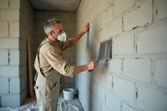 Ouvrier appliquant de l'enduit sur un mur en parpaing intérieur avec une taloche en acier inoxydable