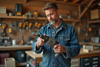 Ouvrier homme inspectant une perceuse électrique robuste