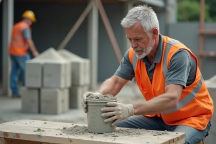 Ouvrier mesurant le mélange ciment et sable sur un chantier de construction en 2026