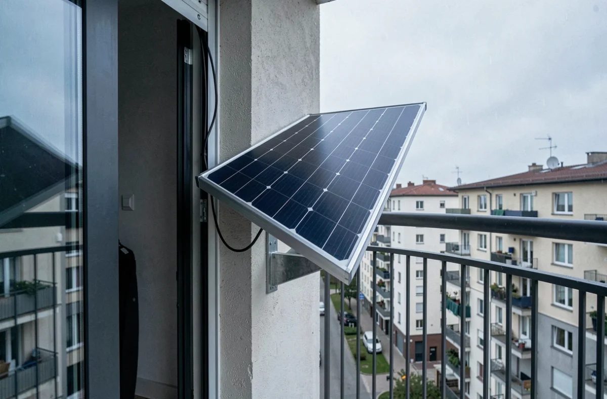 Panneau solaire plug-and-play installé sur un balcon d'appartement avec câble relié à une prise intérieure