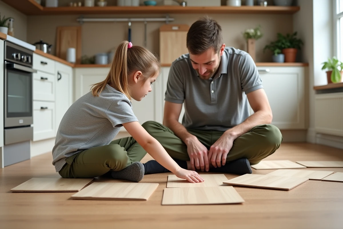 Père et fille regardant des échantillons de sol dans la cuisine