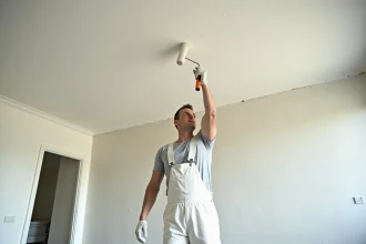 Peintre professionnel appliquant de la peinture blanche sur un plafond abîmé de 50m2 dans un appartement