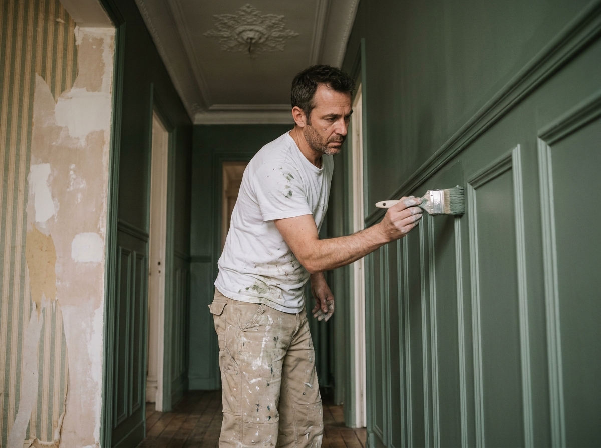 Peintre professionnel appliquant une peinture vert sauge sur les boiseries d'un couloir d'appartement ancien avec rosace au plafond et traces d'ancien papier peint