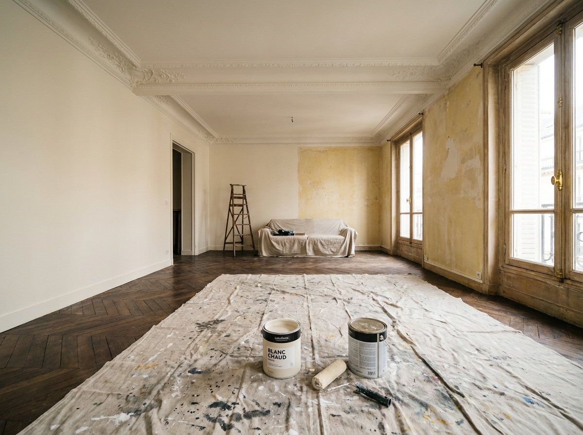 Salon d'appartement haussmannien avec moulures au plafond, moitié des murs repeints en blanc cassé mat contrastant avec l'ancienne peinture jaunie et le parquet en chevrons