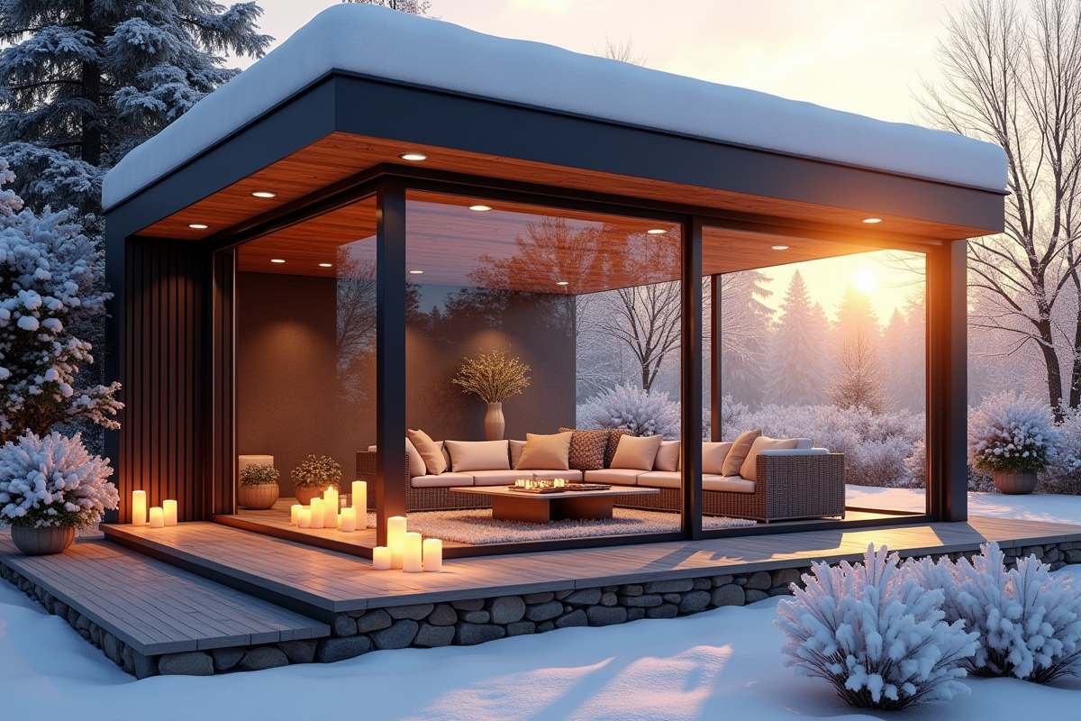 Pergola moderne fermée en hiver avec espace cosy et neige