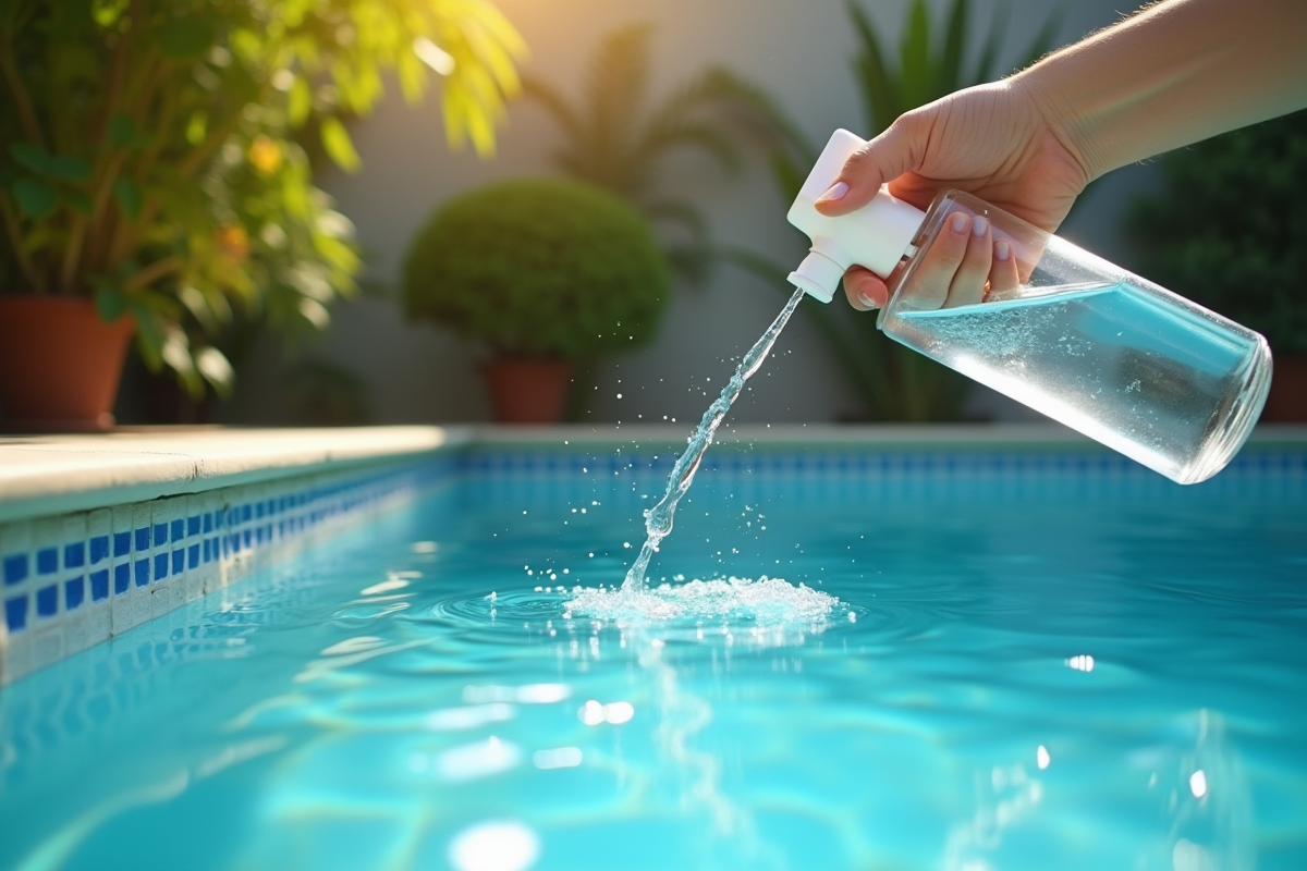 Personne en été versant un clarifiant dans la piscine bleue