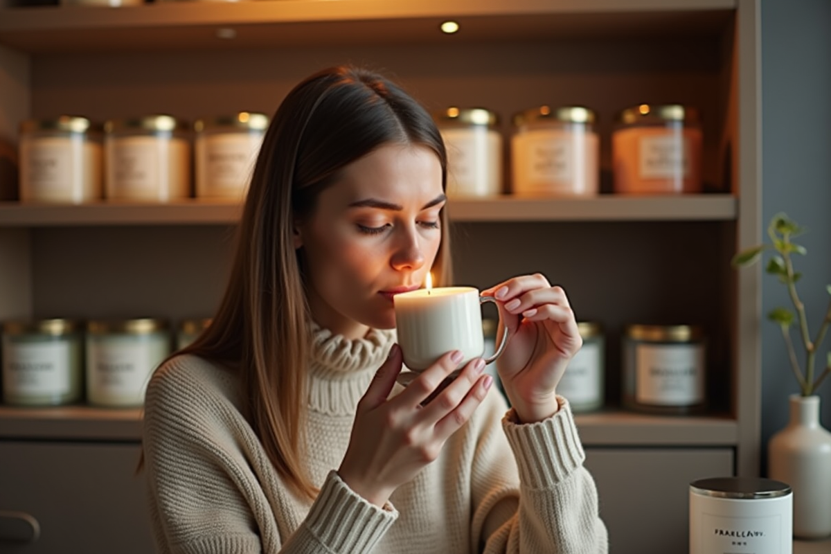Personne sentant une bougie dans une boutique chaleureuse