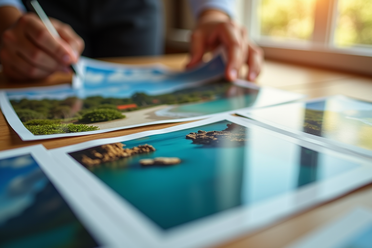 Photos sans bordure paysage disposées sur une table en bois