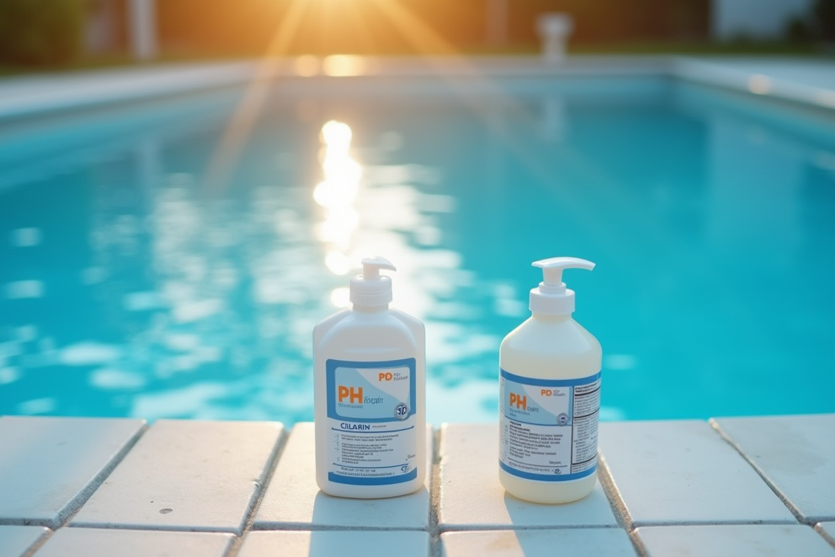 Piscine bleue étincelante au lever du soleil avec produits pour pH et chlore