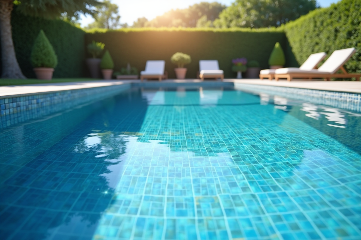 Piscine moderne dans un jardin avec eau calme et reflets doux