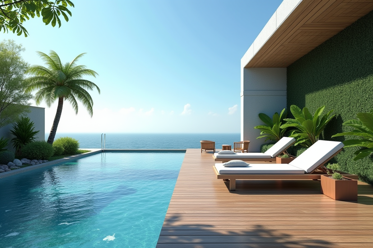 Piscine moderne avec deck en bois et chaises design