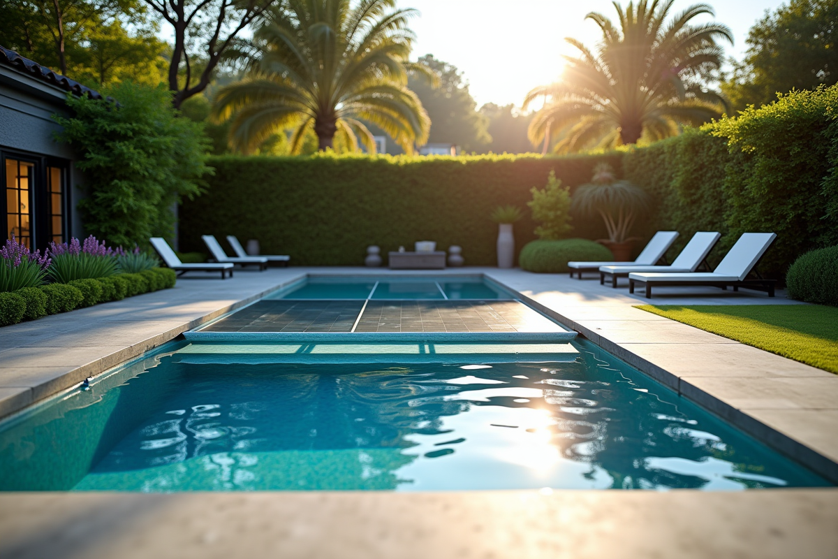 Piscine extérieure moderne avec couverture solaire et panneaux écologiques