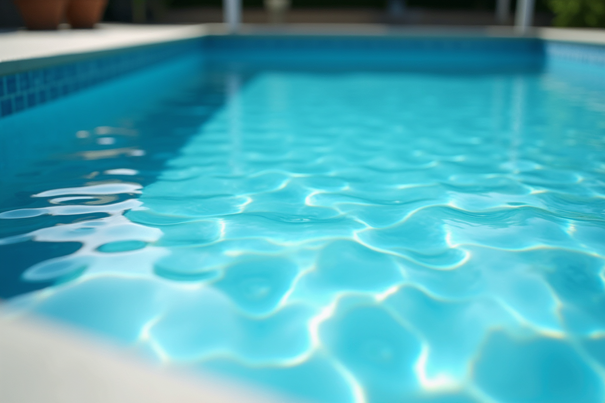 Piscine dans le jardin avec eau bleue et reflets solaires