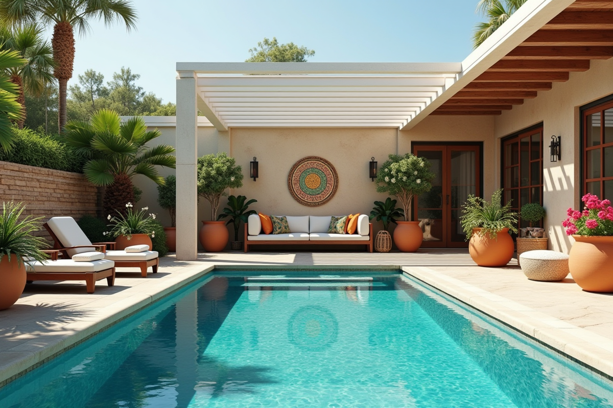 Coin repos avec piscine méditerranéenne et plantes colorées