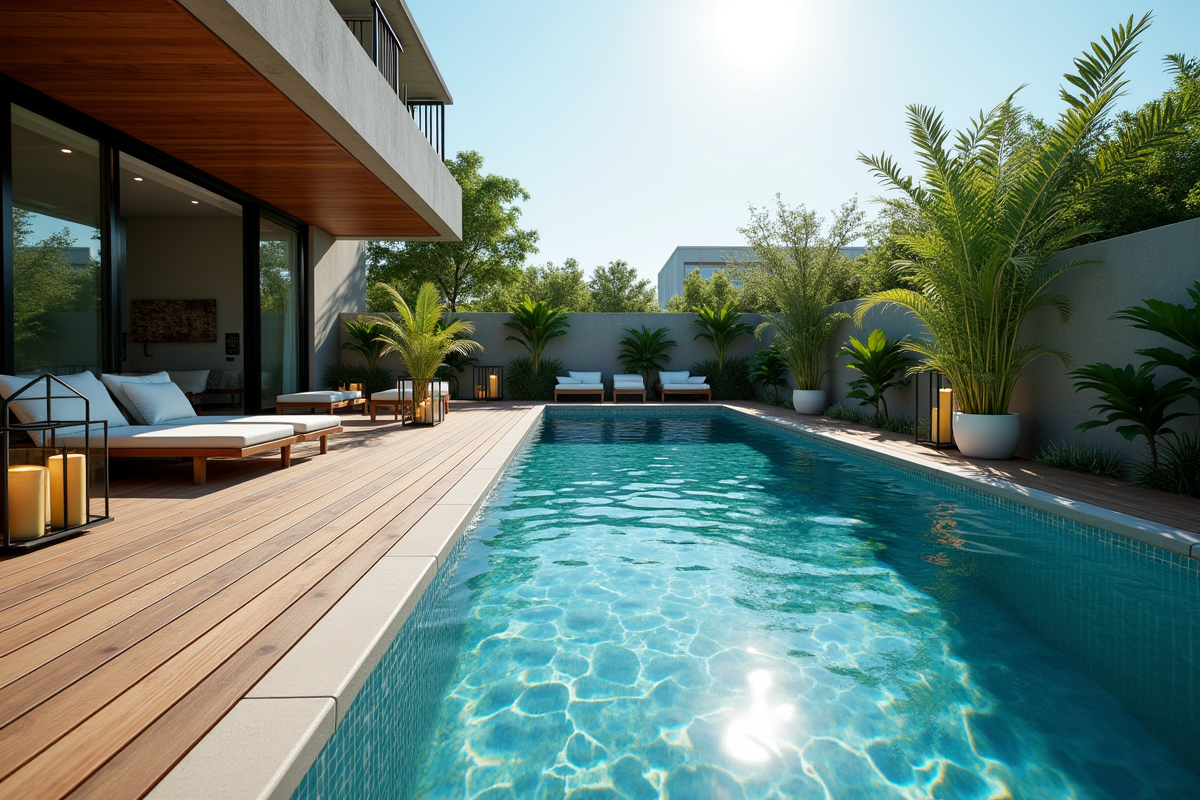 Piscine moderne avec deck en bois et mobilier élégant