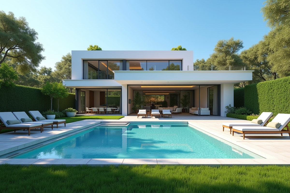 Piscine moderne dans un jardin ensoleille avec famille et maison contemporaine