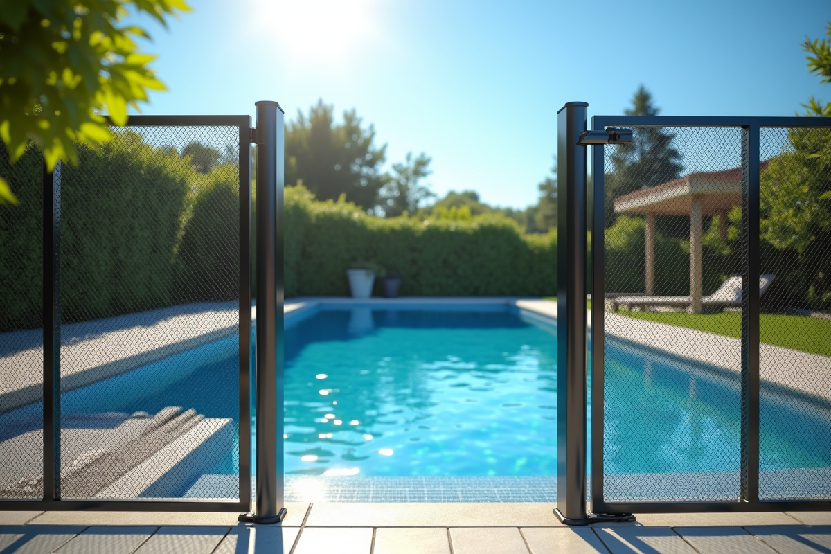 Piscine moderne avec clôture de sécurité dans le jardin ensoleillé