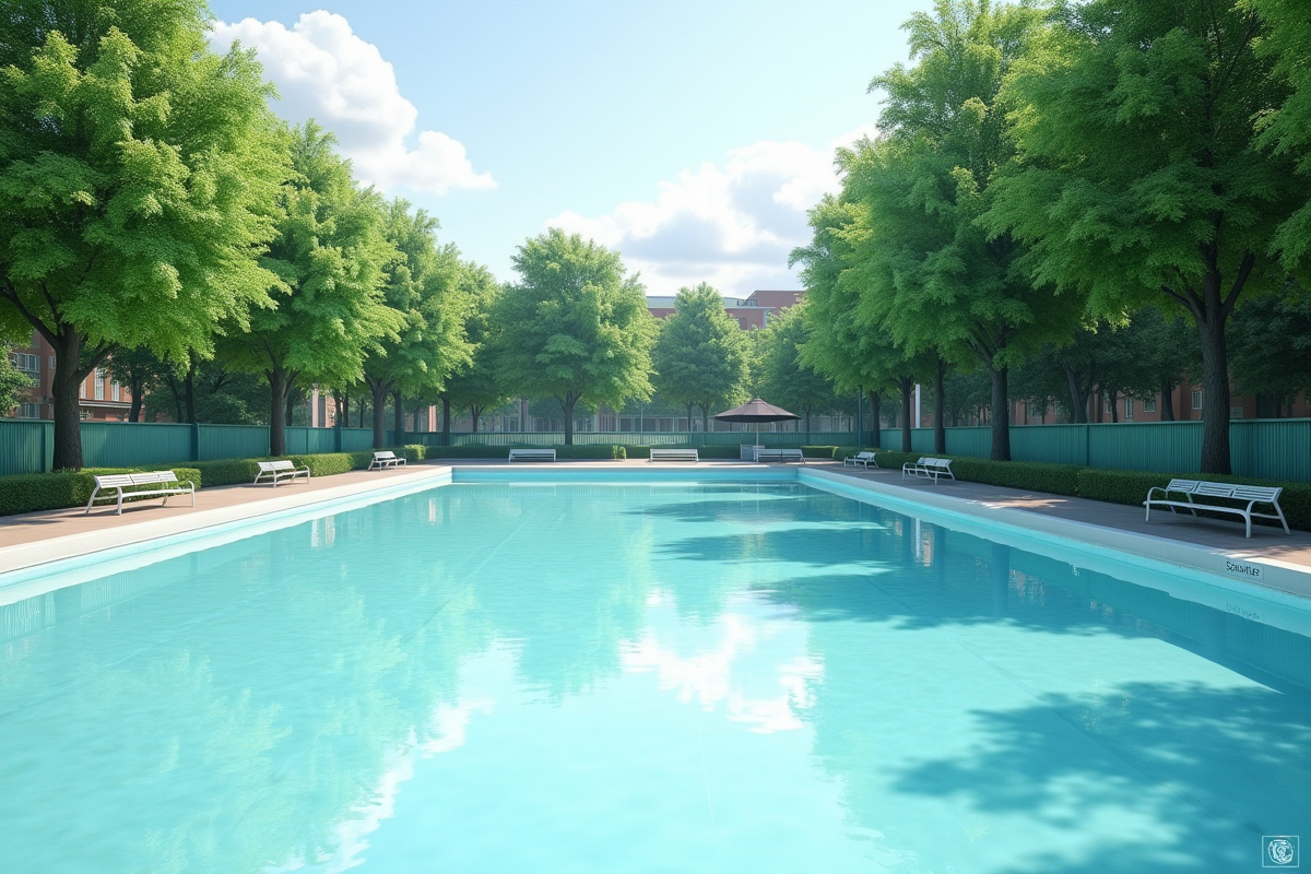 Piscine publique vide avec eau opaque et panneau d