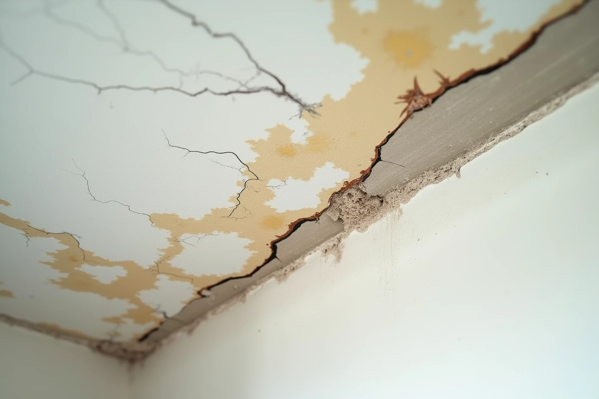 Gros plan sur un plafond abîmé avec fissures, peinture écaillée et taches d'humidité avant rénovation