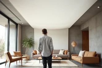 Plafond en toile tendue installé dans un salon moderne, designer examinant la surface acoustique texturée