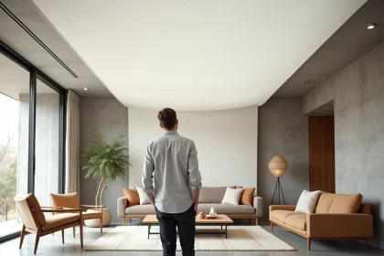 Plafond en toile tendue installé dans un salon moderne, designer examinant la surface acoustique texturée