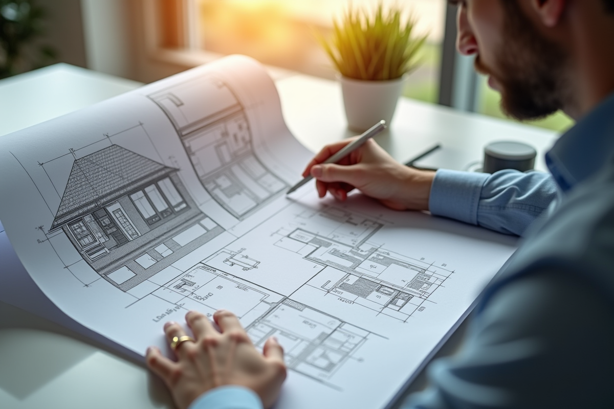 Personne étudiant des plans de maison lumineux et moderne
