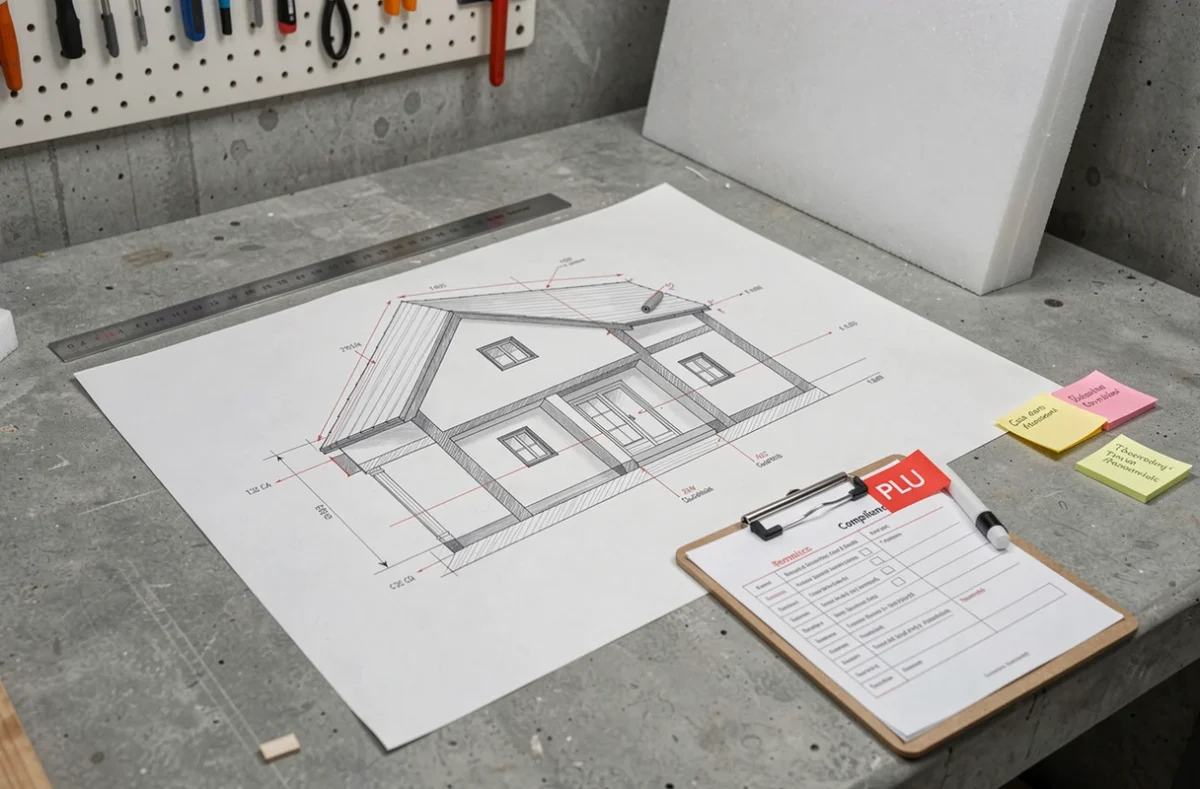 Gros plan sur un plan en coupe technique de maison avec annotations de conformité PLU et corrections au marqueur rouge