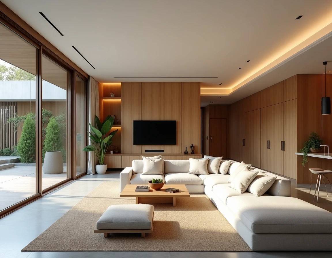 Intérieur d'une maison en L avec 4 chambres optimisées et espace de vie ouvert en plan maison fonctionnel