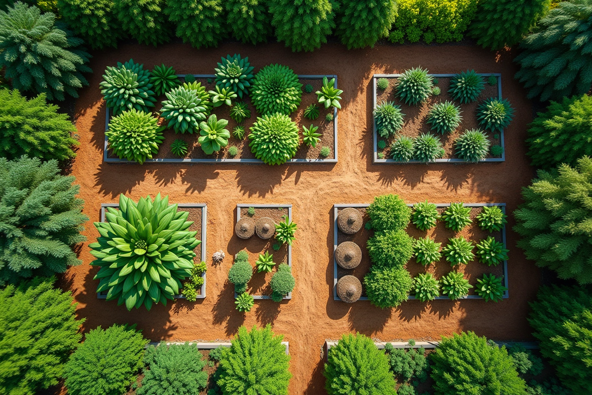 Vue aérienne d un jardin permaculture avec zones distinctes