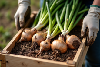 Bulbes de tulipes d'arbres fraîchement déterrés en caisse