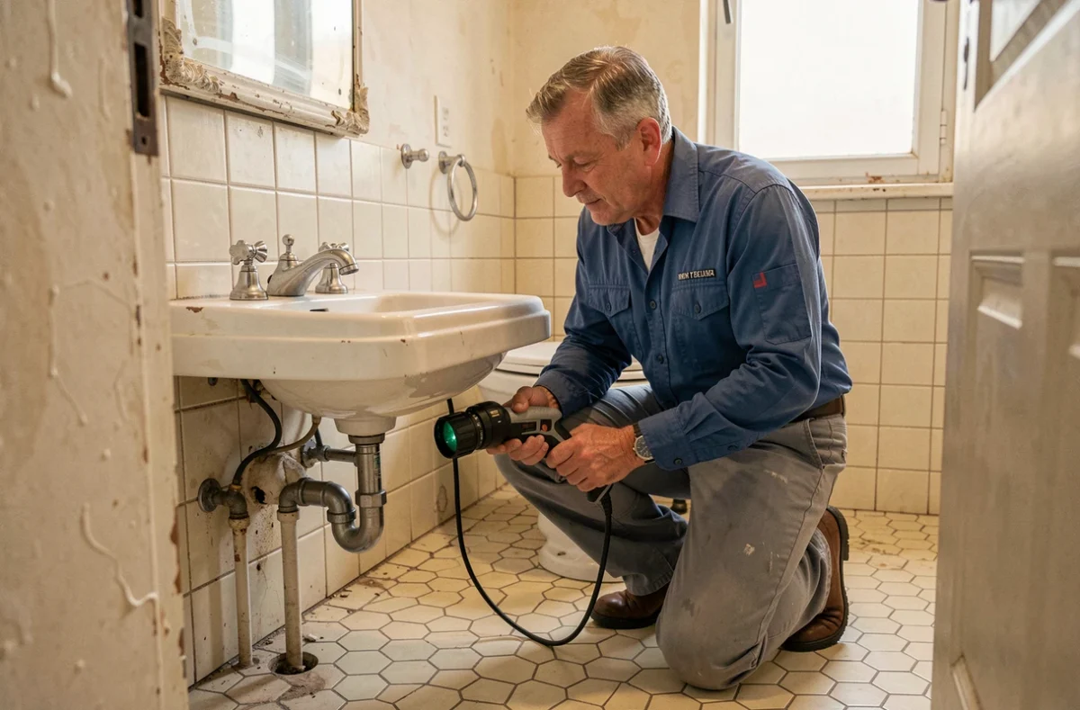 Plombier utilisant une caméra d'inspection pour diagnostiquer une canalisation bouchée dans une salle de bain ancienne dans l'Hérault