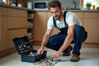 Jeune plombier homme organise ses outils dans une cuisine moderne