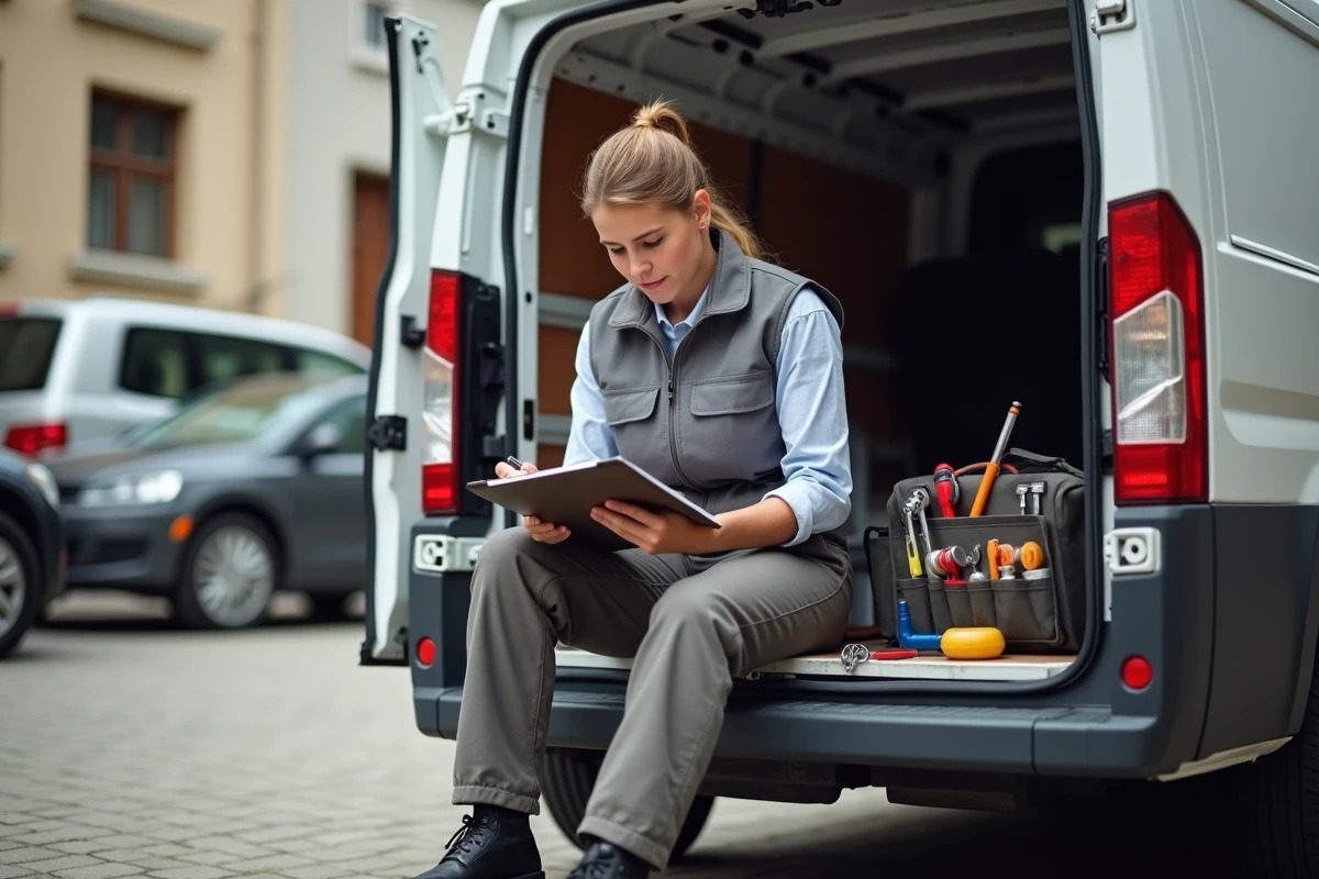 Plombi&egrave;re v&eacute;rifie une checklist devant sa camionnette en ext&eacute;rieur