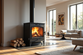 Poêle à bois moderne avec système de récupération de chaleur dans un salon lumineux