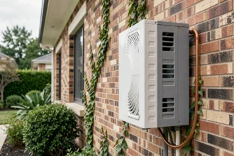 Pompe à chaleur air-eau installée sur la façade extérieure d'une maison contemporaine avec tuyaux en cuivre apparents