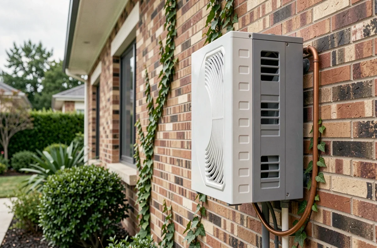 Pompe à chaleur air-eau installée sur la façade extérieure d'une maison contemporaine avec tuyaux en cuivre apparents