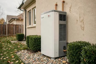 Pompe à chaleur air-eau installée sur la façade extérieure d'une maison contemporaine avec jardin en automne